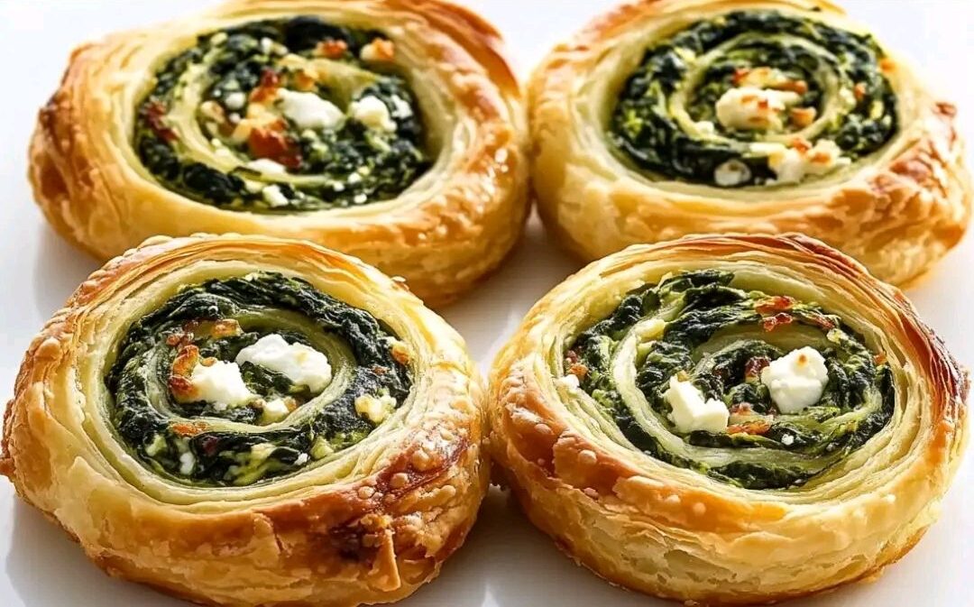 Knapperige bladerdeeghapjes met spinazie en feta ideaal voor een zonnige borrelplank