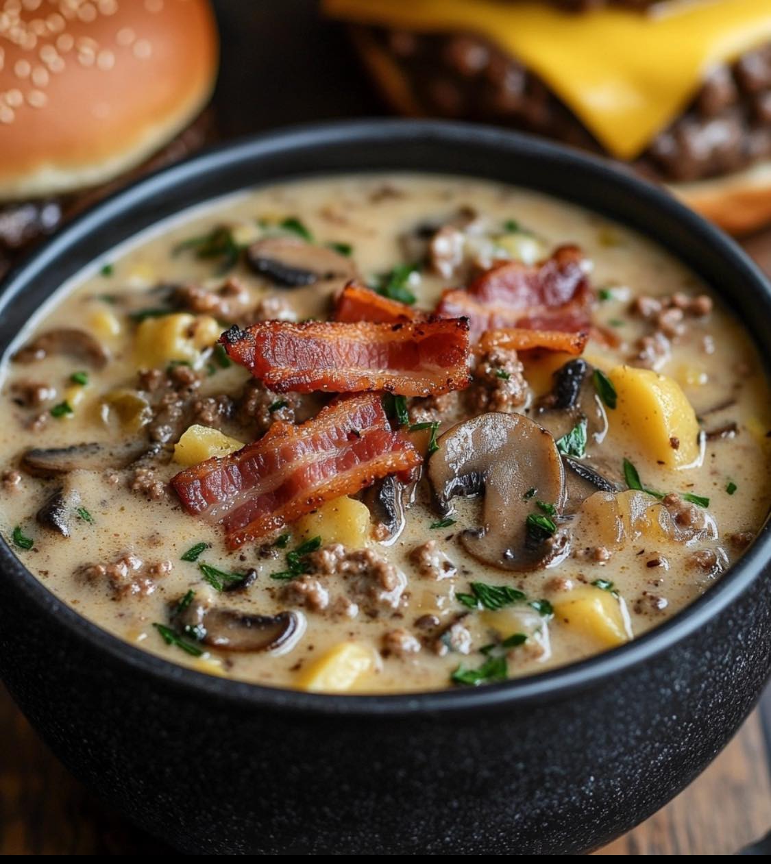 Binnen 30 minuten op tafel romige gehaktsoep met spek en champignons