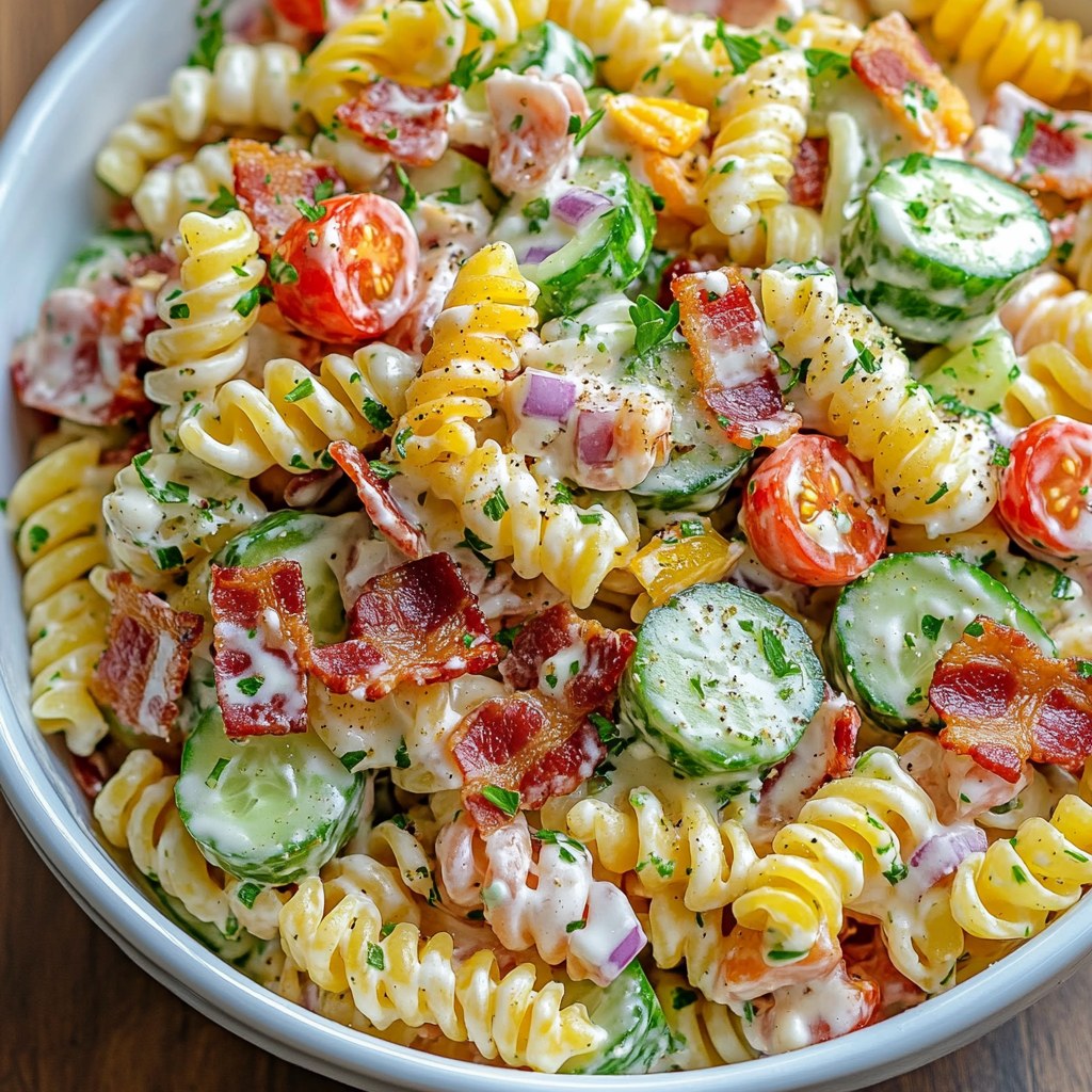 Deze romige pasta salade met bacon en bacon is klaar in 30 minuten