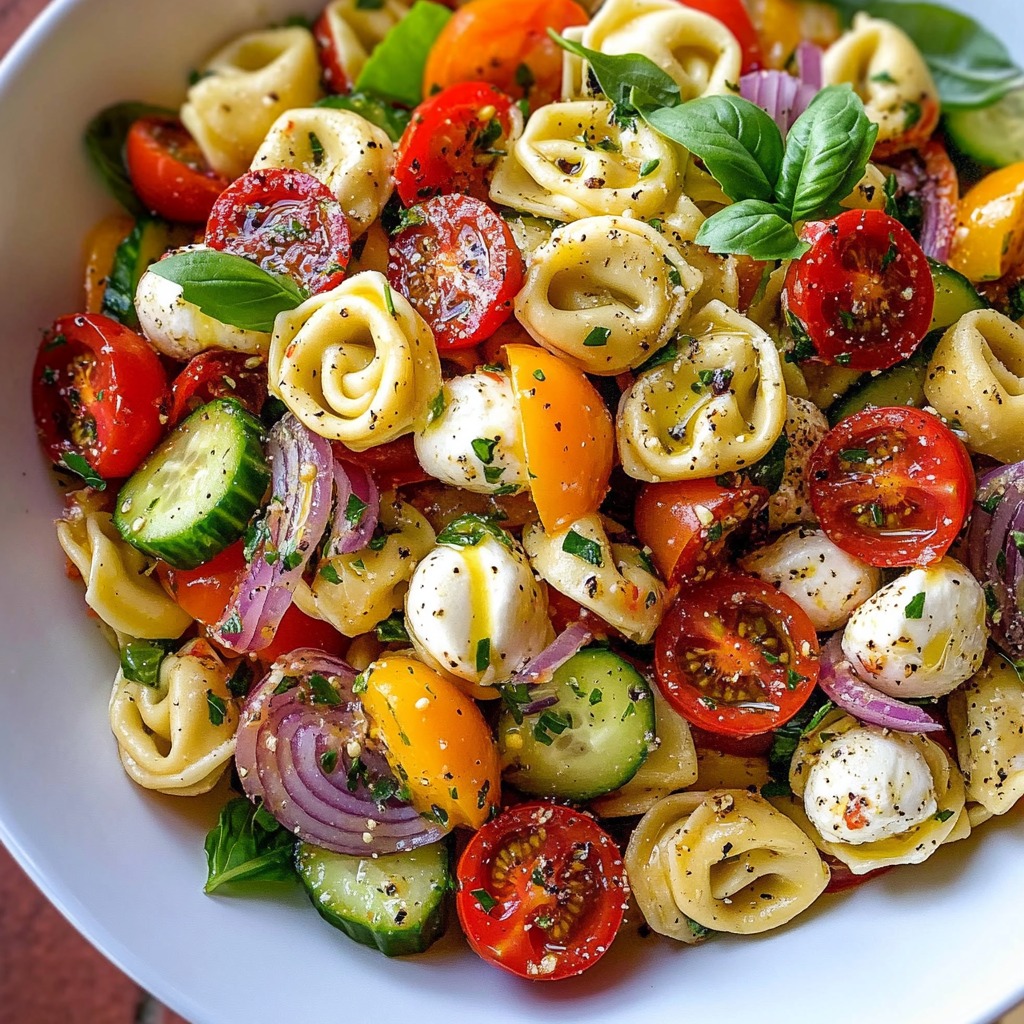 Zomerse Italiaanse tortellini salade in 25 minuten met cherrytomaat olijven en romige bocconcini