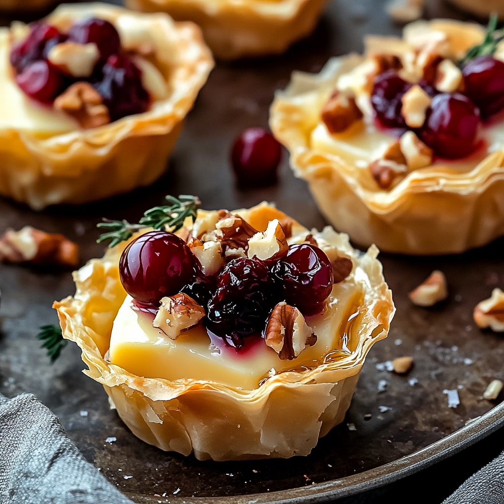 Knapperige filodeeg cups gevuld met romige brie en cranberry klaar in 35 minuten