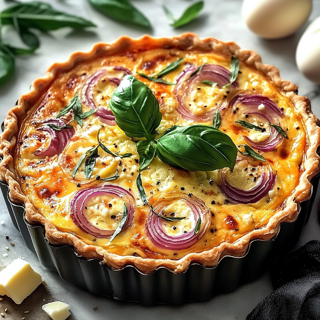 Hartige bloemkool quiche met rode ui basilicum en rozemarijn