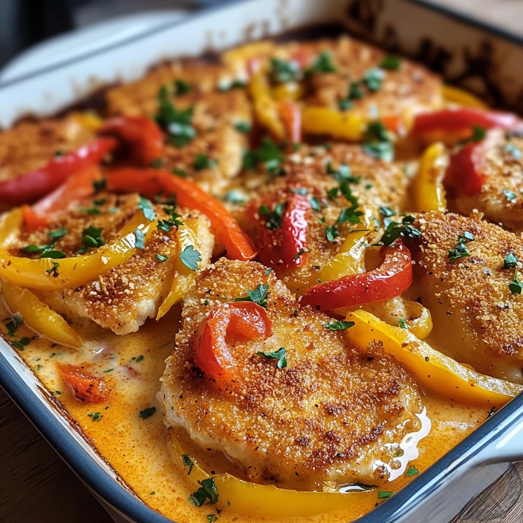 Schnitzel met paprika en ui uit de oven, overgoten met een romige kaassaus – ideaal voor drukke weekenden