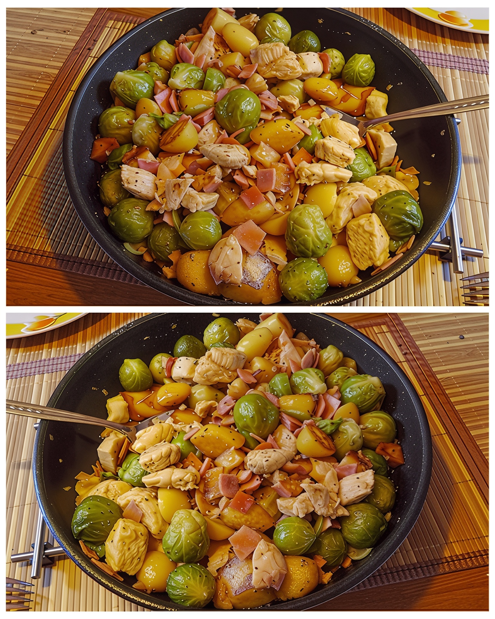 Boerenpan bomvol vitamines aardappel, spruitjes, kip en kalkoenham in 40 minuten op tafel