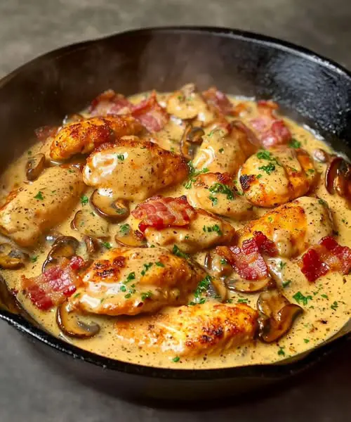 Kip, spek en champignons in een fluweelzachte saus onweerstaanbaar lekker