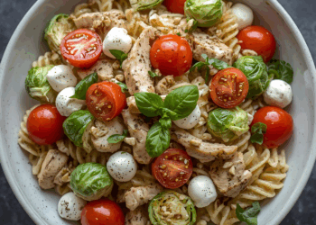 Smaakbom! Pastasalade met mozzarella, spruitjes, kip en een frisse dressing