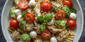 Smaakbom! Pastasalade met mozzarella, spruitjes, kip en een frisse dressing