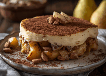 Onweerstaanbare tiramisu met een bodem van zachte stoofpeertjes