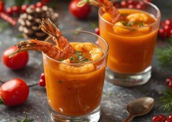 Kerst voorgerecht deluxe: Romige paprikasoep met gamba’s in een chique glas