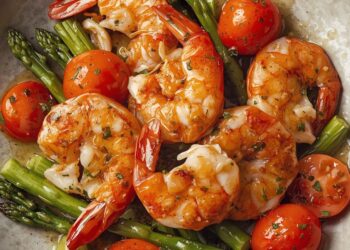 Knoflookgarnalen met verse tomaten en groene asperges voor twee