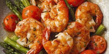 Knoflookgarnalen met verse tomaten en groene asperges voor twee