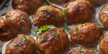 Goudbruin gebakken gehaktballen in jus, mals vanbinnen en vol smaak