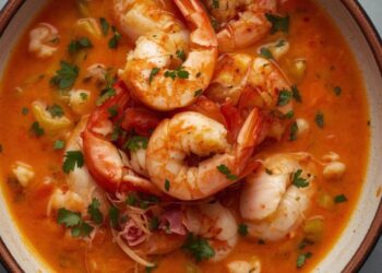 Romige Franse seafood bisque met garnalen, krab en kreeft