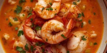 Romige Franse seafood bisque met garnalen, krab en kreeft