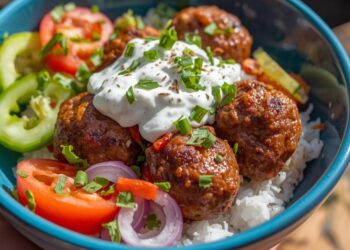 Zo maak je sappige Griekse gehaktballen met komkommer, tomaat, ui en romige tzatziki