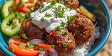 Zo maak je sappige Griekse gehaktballen met komkommer, tomaat, ui en romige tzatziki