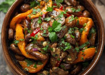 Drukke avond? Deze champignon salade met paprika en knoflook staat in 25 minuten op tafel