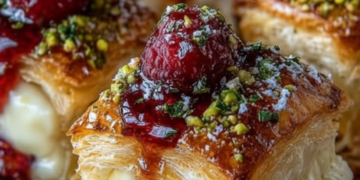 Deze pistache-brie hapjes met framboos-honingglazuur zijn het perfecte borrelgerecht