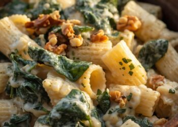 Romige brie pasta met spinazie en walnoten in zachte roomsaus