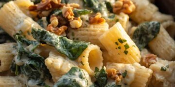 Romige brie pasta met spinazie en walnoten in zachte roomsaus