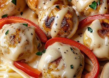 Romige pasta met kipballetjes, paprika, champignons én extra Parmezaanse saus