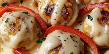 Romige pasta met kipballetjes, paprika, champignons én extra Parmezaanse saus