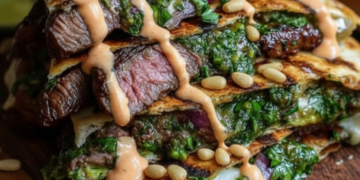 Knapperige quesadilla met gegrilde bavette en frisse avocado chimichurri