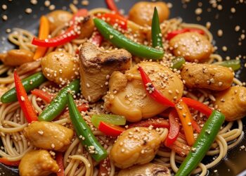 Deze Chinese wok met gemarineerde kip, sperziebonen, paprika en sesamzaadjes is sneller klaar dan bestellen