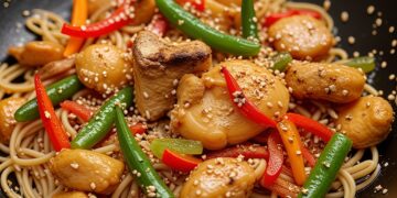 Deze Chinese wok met gemarineerde kip, sperziebonen, paprika en sesamzaadjes is sneller klaar dan bestellen