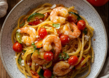 Deze Italiaanse knoflookpasta met garnalen en groentes smaakt alsof je in Italië bent
