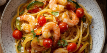 Deze Italiaanse knoflookpasta met garnalen en groentes smaakt alsof je in Italië bent