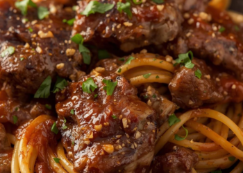 Zoet-pittige knoflook steakpasta: malse steakpuntjes perfect voor doordeweeks