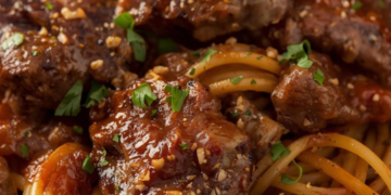 Zoet-pittige knoflook steakpasta: malse steakpuntjes perfect voor doordeweeks