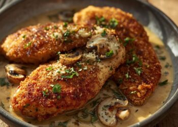 Gouden crispy chicken met romige Parmezaanse champignonsaus
