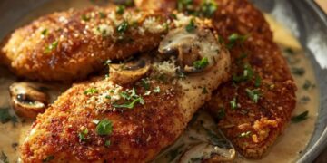 Gouden crispy chicken met romige Parmezaanse champignonsaus