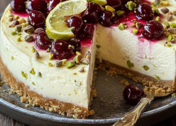 Hemelse citroen-limoen cheesecake met kersen en pistache
