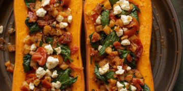 Gevulde flespompoen met feta, spinazie en spek