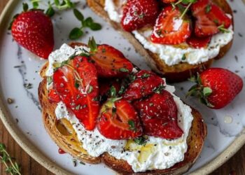 Geroosterde aardbeien met opgeklopte ricotta op toast