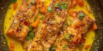 Romige zalmschotel met saffraan, prei en paprika – zo maak je ‘m zelf