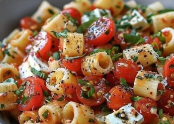 Een kleurrijke lenteklassieker: pasta, tomaat, mozzarella en basilicum in een zomerse salade
