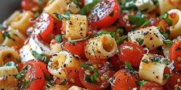 Een kleurrijke lenteklassieker: pasta, tomaat, mozzarella en basilicum in een zomerse salade