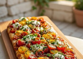 Krokante Italiaanse flatbread met sappige tomaten, romige burrata en verse basilicum