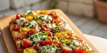 Krokante Italiaanse flatbread met sappige tomaten, romige burrata en verse basilicum