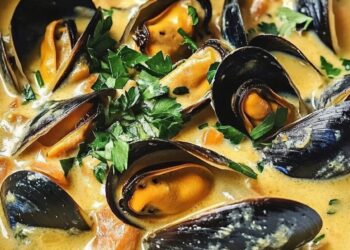 Romige knoflookmosselen in zure roomsaus