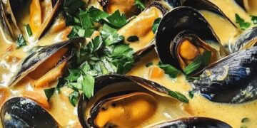 Romige knoflookmosselen in zure roomsaus