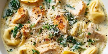 Eénpansgerecht: kip Alfredo tortellini soep in 30 minuten klaar