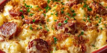 Poolse Kielbasa Pierogi Ovenschotel, met romige kaas en worst