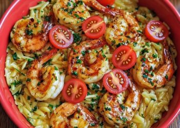 Mediterrane orzo in citroen knoflooksaus met garnalen en tomaatjes