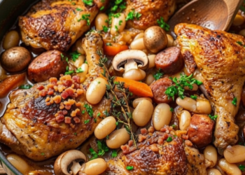 Deze Franse ovenschotel met kip, worst en bonen wil je vanavond nog maken