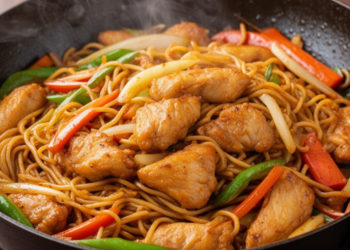 Snelle wok noedels met gemarineerde kip en paprika klaar in 20 minuten
